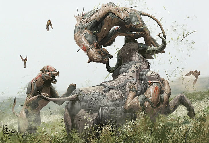 Ilustración de tres felinos marrones, búfalo, ciencia ficción, Fondo de pantalla HD