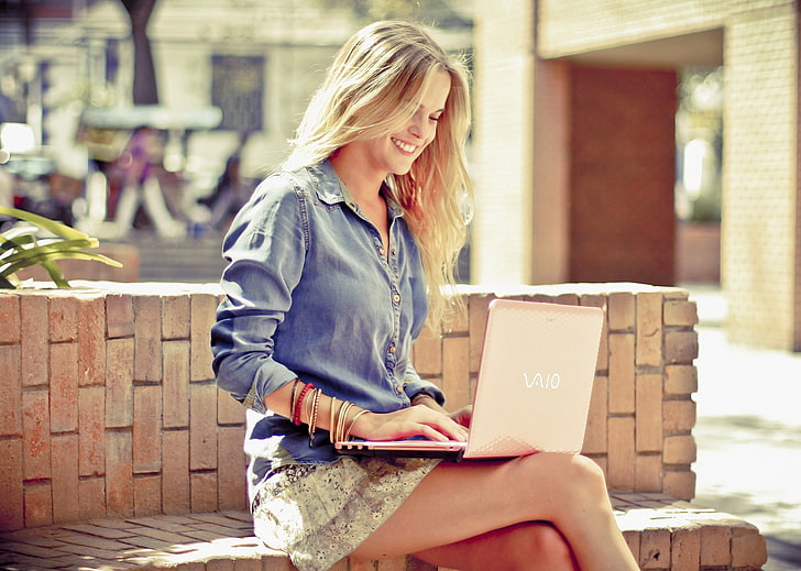 women's blue denim dress shirt, smile, Girl, blonde, laptop, VAIO, HD wallpaper