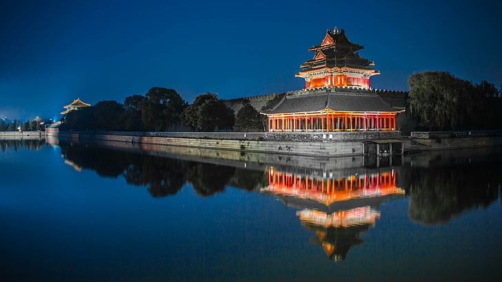 zamek, budynki, pałac, muzeum, muzeum pałacowe, odbicie, noc, ciemność, Dongcheng, Pekin, Chiny, Azja, historia, historyczny, Tapety HD