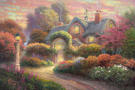 peinture de maison grise et brune, fleurs, jardin, lanterne, peinture, cottage, Thomas Kinkade, girouette, Rosebud Cottage, Fond d'écran HD HD wallpaper