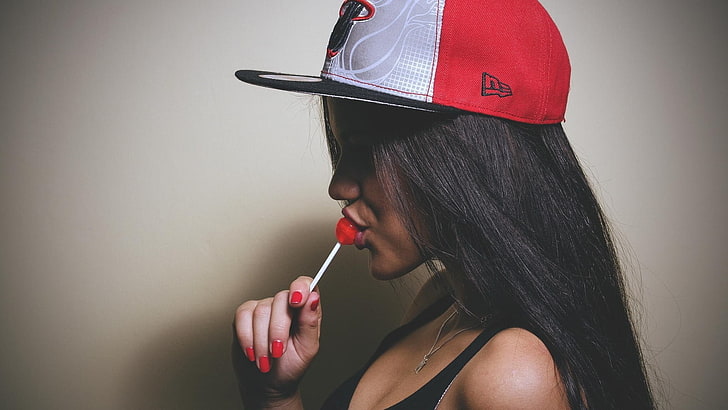 women's white and red fitted cap, NBA, Miami Heat, Miami, hat, brunette, women, model, lollipop, face, red nails, HD wallpaper