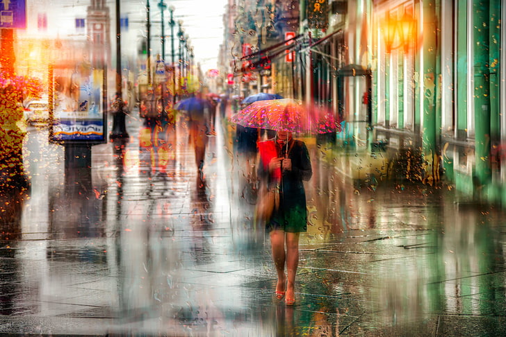 pink and multicolored umbrella, girl, drops, rain, umbrella, Saint Petersburg, Russia, Nevsky Prospekt, HD wallpaper