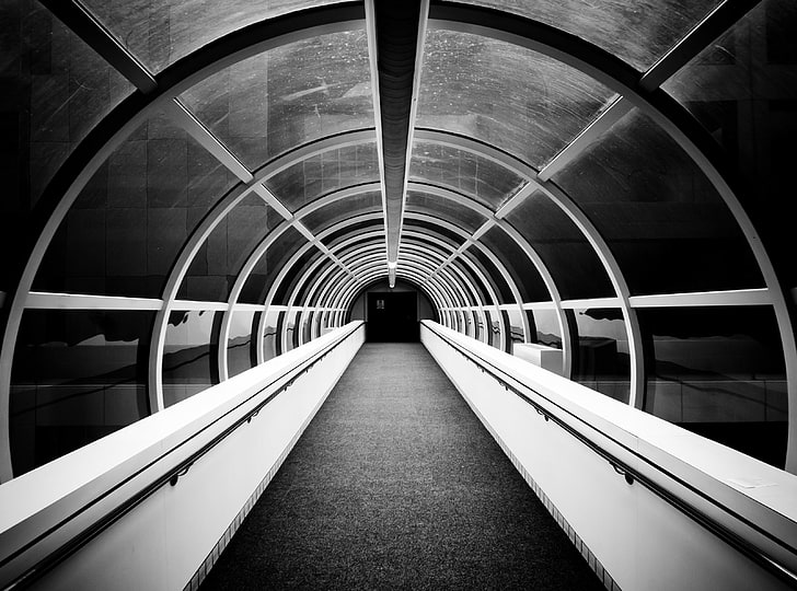 You Took My Breath Away, gray glass tunnel, Black and White, Architecture, united states, Missouri, United States of America, Saint Louis, HD wallpaper