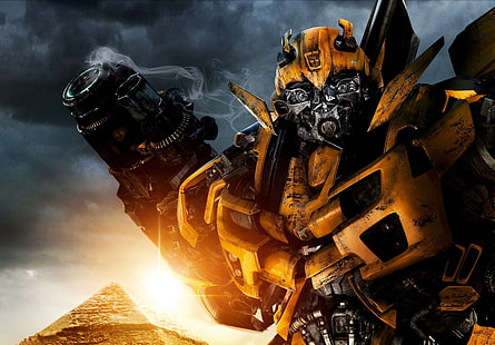 Transformer Bumblebee digital wallpaper, the sky, the sun, weapons, fiction, robot, pyramid, Egypt, Transformers, Camaro, the movie, Revenge of the fallen, Transformers 2, Bumblebee, Autobot, Michael Bay, HD wallpaper HD wallpaper