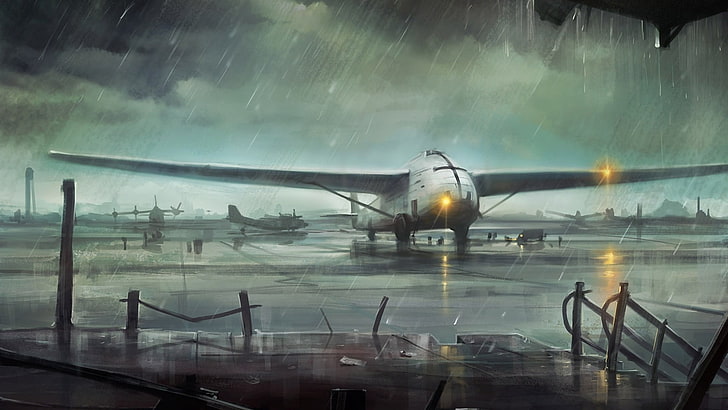 white airplane, artwork, airplane, rain, airport, haryarti, HD wallpaper