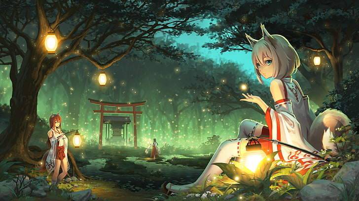 futuristic girl sitting on grass field, anime, anime girls, animal ears, landscape, miko, tail, forest, kitsunemimi, HD wallpaper