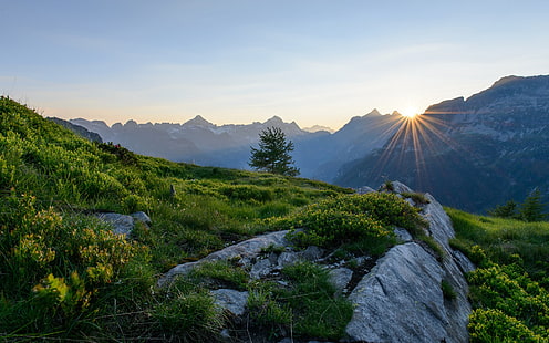Альпы, Швейцария, горы, рассвет, восход, зеленые травы и закат, Альпы, Швейцария, горы, рассвет, восход, HD обои HD wallpaper