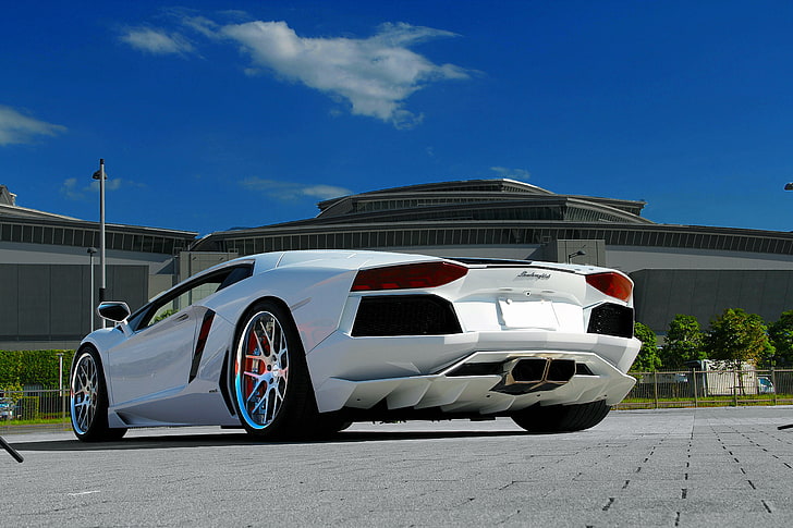 white Lamborghini Aventador coupe, lamborghini, aventador, lp700-4, white, paving tiles, sky, clouds, HD wallpaper