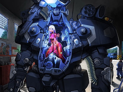 personnage féminin à cheval sur le papier peint numérique de robot anime, anime, anime girls, mech, personnages originaux, mecha girls, Fond d'écran HD HD wallpaper