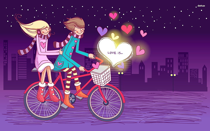 Dos mujeres animadas montando bicicleta ilustración, artístico, amor,  corazón, Fondo de pantalla HD | Wallpaperbetter