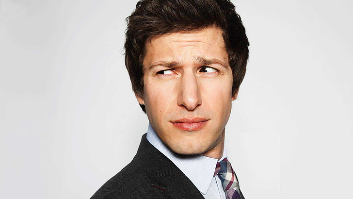 man wearing black and white suit, andy samberg, actor, face, emotions, HD wallpaper