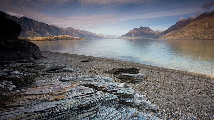 ニュージールのフィヨルドビーチの岩のテクスチャ、茶色の山、ビーチ、フィヨルド、岩、山、自然、風景、 HDデスクトップの壁紙