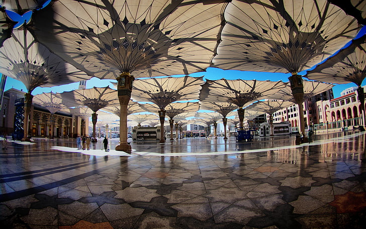 brown and grey floor tiles, saudi arabia, square, umbrellas, HD wallpaper