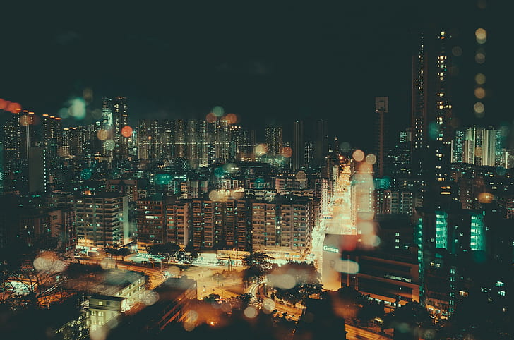 حضري ، مدينة ، سيتي سكيب ، أضواء المدينة ، مسارات الضوء ، هونغ كونغ، خلفية HD