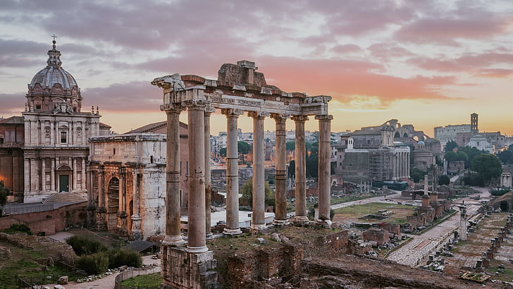 市街地、セプティミウスセウェルスのアーチ、カピトリーノの丘、土星の寺院、フォーラムロマヌム、ローマ、建物、歴史、遺跡、ヨーロッパ、ランドマーク、観光名所、古代ローマ建築、イタリア、都市、ローマフォーラム、古代史、空、古代ローマ、史跡、 HDデスクトップの壁紙