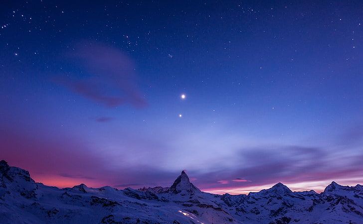 white mountain and moon, night, mountains, snow, sky, stars, HD wallpaper