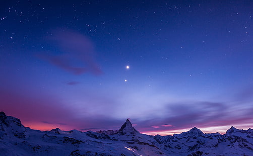 montagna bianca e luna, notte, montagne, neve, cielo, stelle, Sfondo HD HD wallpaper