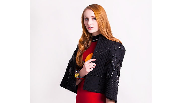 Sophie Turner, actress, women, redhead, simple background, celebrity, HD wallpaper