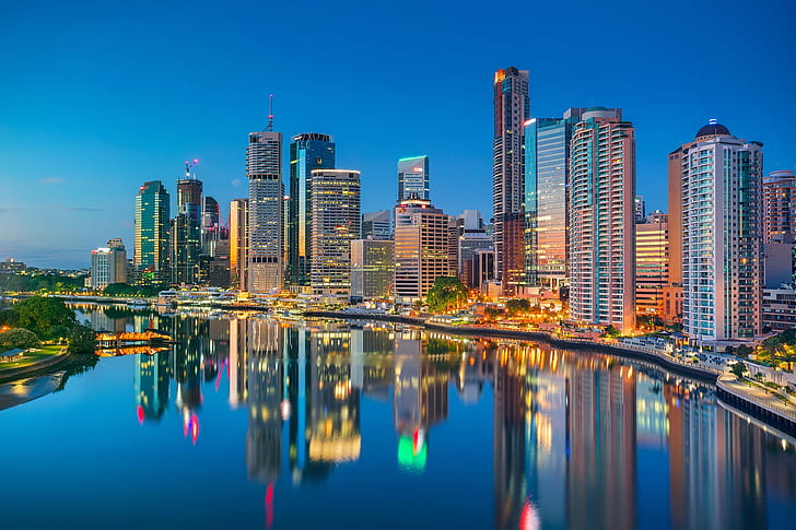 reflection, river, building, home, Australia, promenade, skyscrapers, Queensland, Brisbane, QLD, The Brisbane River, Brisbane River, HD wallpaper