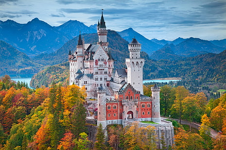 zamek z szarego kamienia, Niemcy, jesień, góry, zamek Neuschwanstein, południowo-zachodnia Bawaria, południowe Niemcy, Tapety HD HD wallpaper