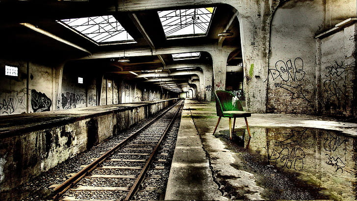 Aboned Subway Station Hdr, subway, abandoned, chair, station, nature and landscapes, HD wallpaper