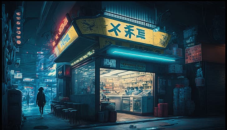 Искусство ИИ, иллюстрация, Токио, Япония, улица, неон, еда, HD обои
