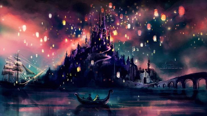 castle digital wallpaper, Tangled, alicexz, castle, sky lanterns, boat, Walt Disney, HD wallpaper