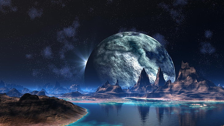 moon, body of water, and mountain, space, fantasy art, artwork, world, alien world, stars, Moon, river, water, natural light, mountains, HD wallpaper