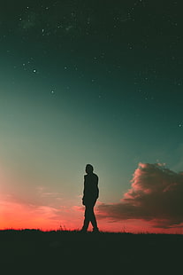 silueta persona, hombre, silueta, puesta de sol, cielo, caminar, Fondo de pantalla HD HD wallpaper