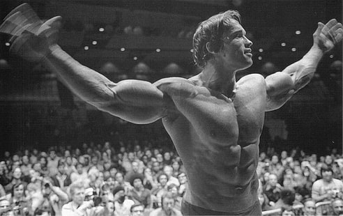 Arnold Schwarzenegger, Arnold Schwarzenegger, bodybuilding, Bodybuilder, skivstång, hantlar, gym, mager, tränar, HD tapet HD wallpaper