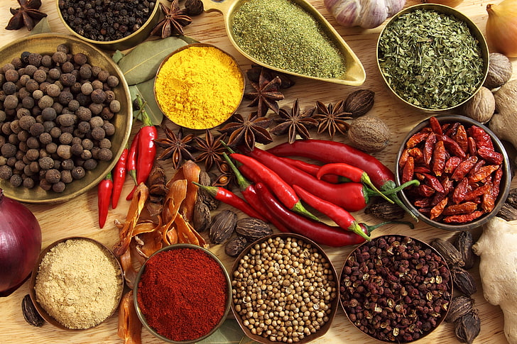 assorted spices, spices, seasonings, red pepper, black pepper, pepper, star anise, onion, ginger, garlic, walnuts, bay leaf, HD wallpaper