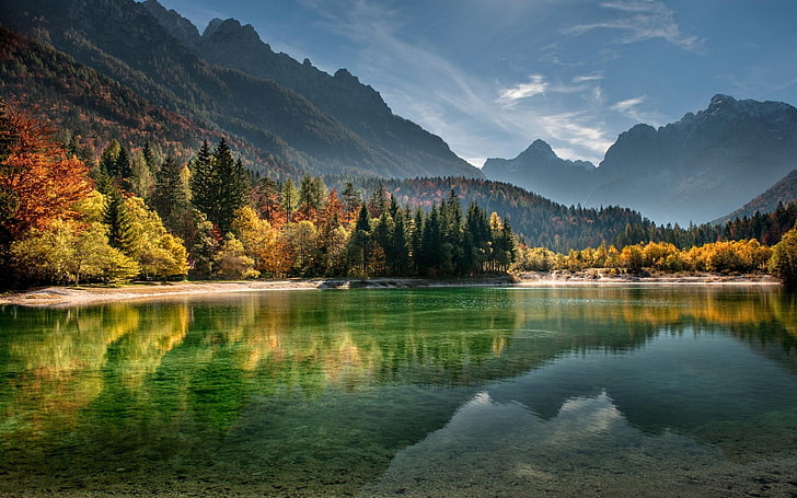 水域、木々や山々に囲まれた穏やかな水域、自然、風景、湖、山、森、秋、霧、日没、水、ビーチ、スロベニア、木々、 HDデスクトップの壁紙
