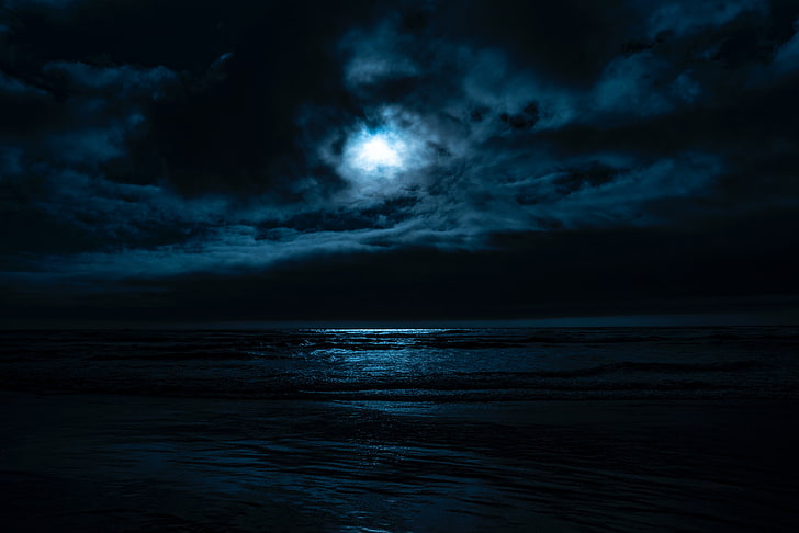 langit hitam dan putih, laut, malam, bulan, horison, Wallpaper HD