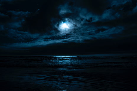 langit hitam dan putih, laut, malam, bulan, horison, Wallpaper HD HD wallpaper