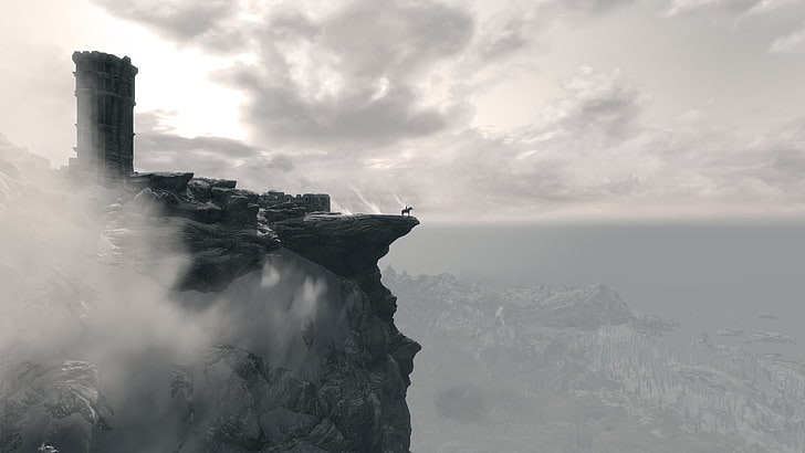 霧の表面の灰色の崖、The Elder Scrolls V：Skyrim、ビデオゲーム、ファンタジーアート、 HDデスクトップの壁紙