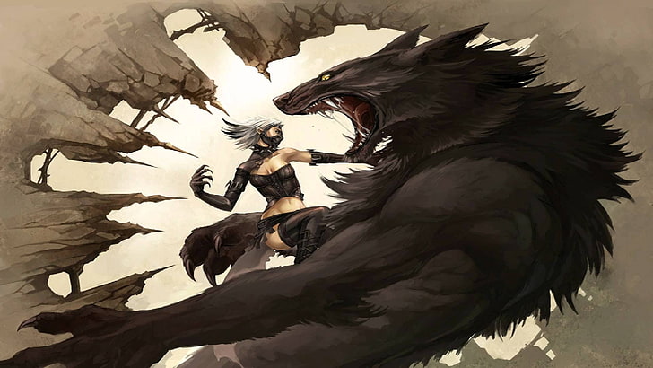 woman beside wolf digital wallpaper, wolf, werewolves, women, fighting, fantasy girl, claws, fantasy art, HD wallpaper