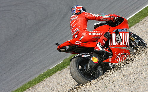 Moto GP, Casey Stoner, Ducati, състезания, превозно средство, спорт, червено, HD тапет HD wallpaper