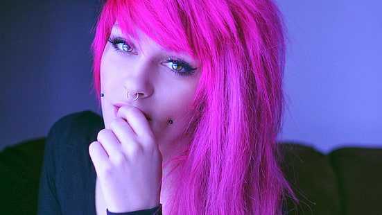 mujer, cabello rosado, nariz perforada, piercing, modelo, cara, Fondo de pantalla HD HD wallpaper