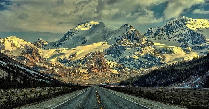 strada vicino montagna innevata, natura, paesaggio, montagne, picco nevoso, strada, foresta, luce solare, Alberta, Canada, Sfondo HD