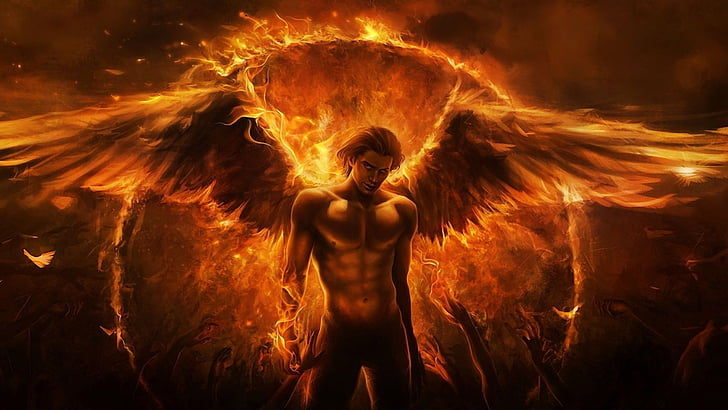Fantasía, ángel, fuego, hombre, alas, Fondo de pantalla HD