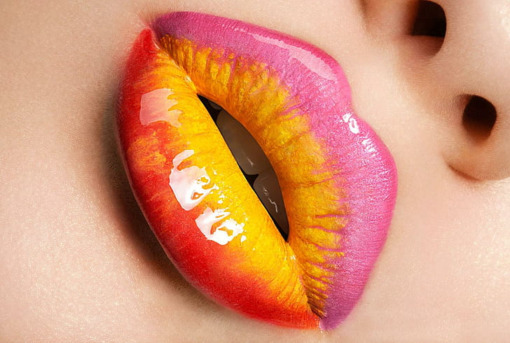 Rainbow Lips, лице, червило, устни, розово, HD тапет