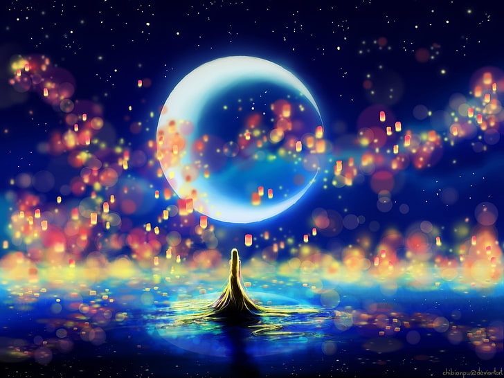 illustration de la pleine lune, ciel, lumières, lune, silhouette, Raiponce, lanternes, princesse, emmêlés, fan art, par Chibionpu, étoile, Fond d'écran HD