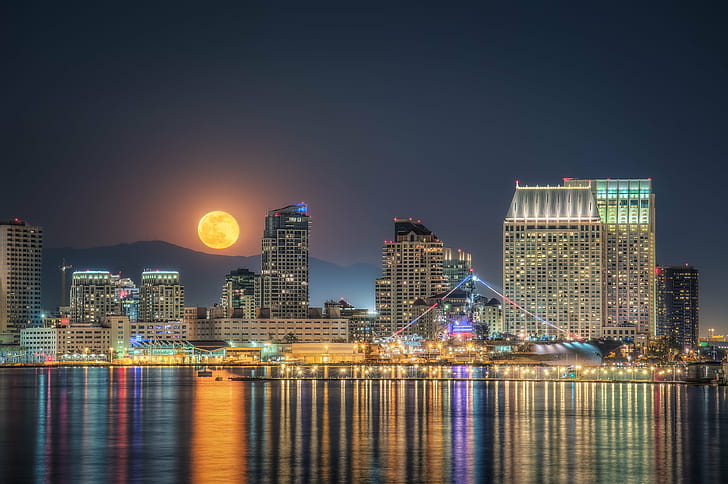 panoramic photo of city during nighttime and full moon, Full Moon, panoramic photo, nighttime, San Diego Bay, Art, Reflection, Reflections, Water  City, Architecture, 32-bit, hdr, canon 5d mark iii, mark 3, night, urban Skyline, cityscape, skyscraper, urban Scene, downtown District, dusk, famous Place, city, HD wallpaper