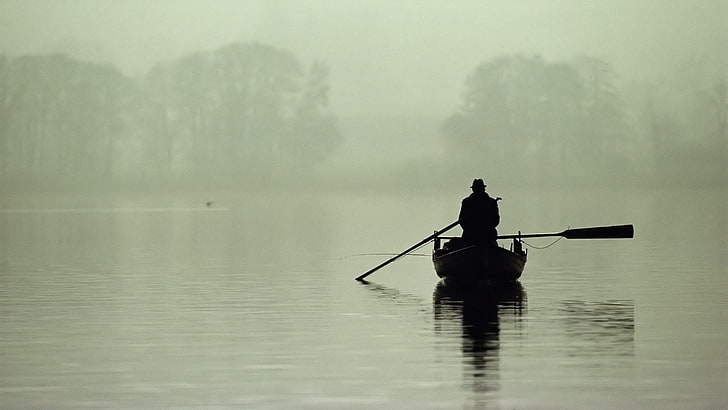 silhouette of boat, boat, person, rowing, outlines, silhouette, fog, lake, HD wallpaper