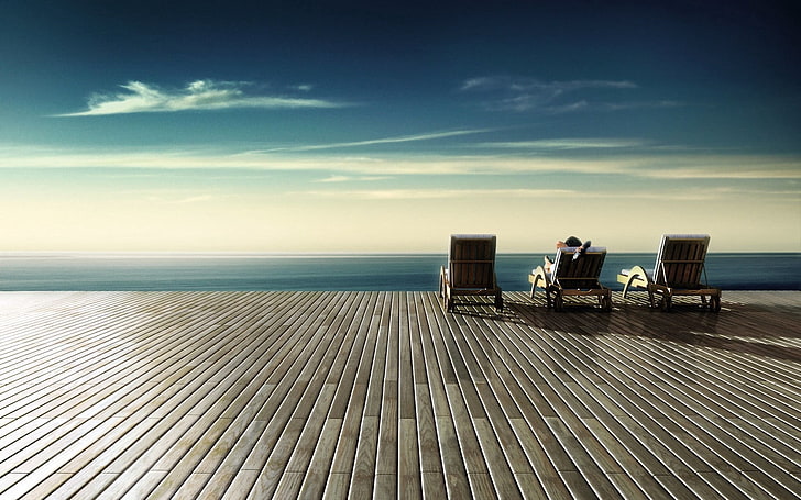 black steel rack, chairs, wood floor, rest, sky, shore, HD wallpaper