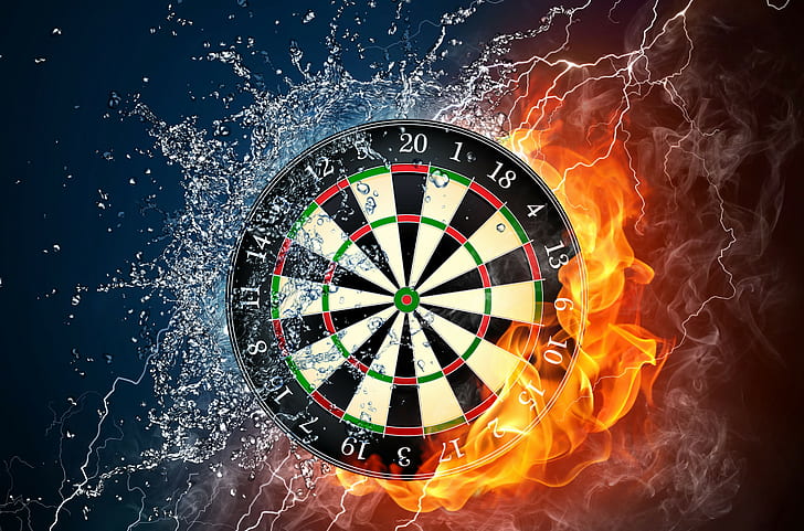 Darts target fire, darts, target, fire, water, drops, spray, discharge, smoke, flame, force elements, HD wallpaper