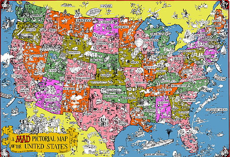 Комикси, MAD, карта, САЩ, карта на Съединените американски щати, карта на САЩ, HD тапет HD wallpaper