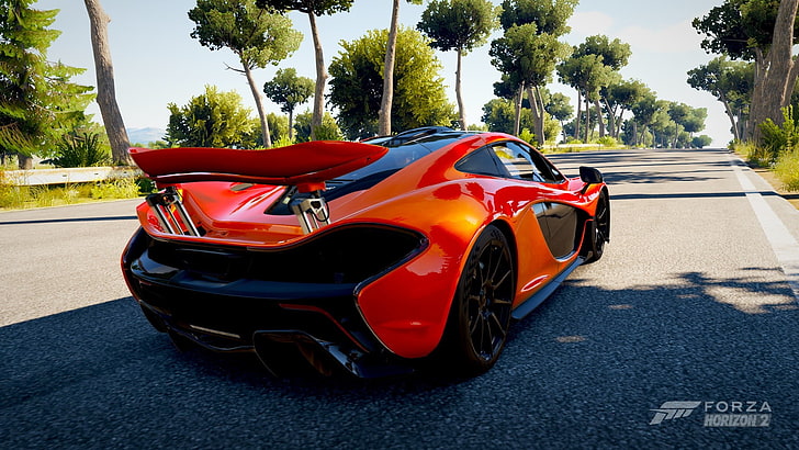 orange sports car Forza game screenshot, McLaren P1, car, Forza Horizon 2, Forza, Hypercar, red cars, HD wallpaper