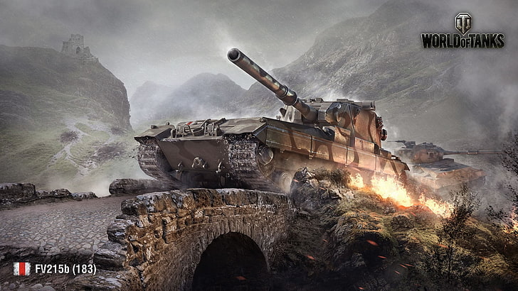 World of Tanks, tank, camouflage, bridge, FV215b, mountains, rain, FV215b 183, HD wallpaper