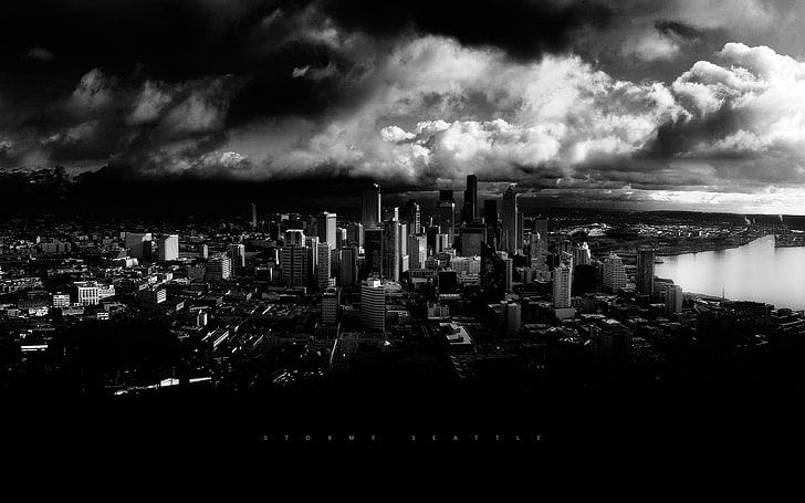 도시 건물, 도시 풍경, 시애틀의 회색조 사진, HD 배경 화면